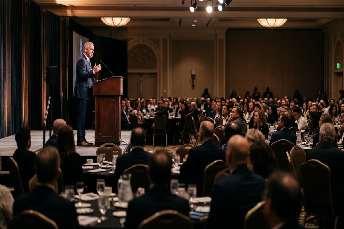 A man speaking at a podium before a full ballroom of attendees seated at round tables