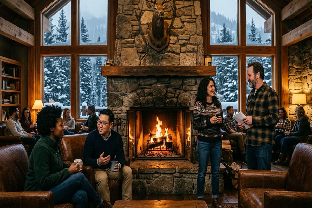 Small groups talking on leather couches around a large stone fireplace