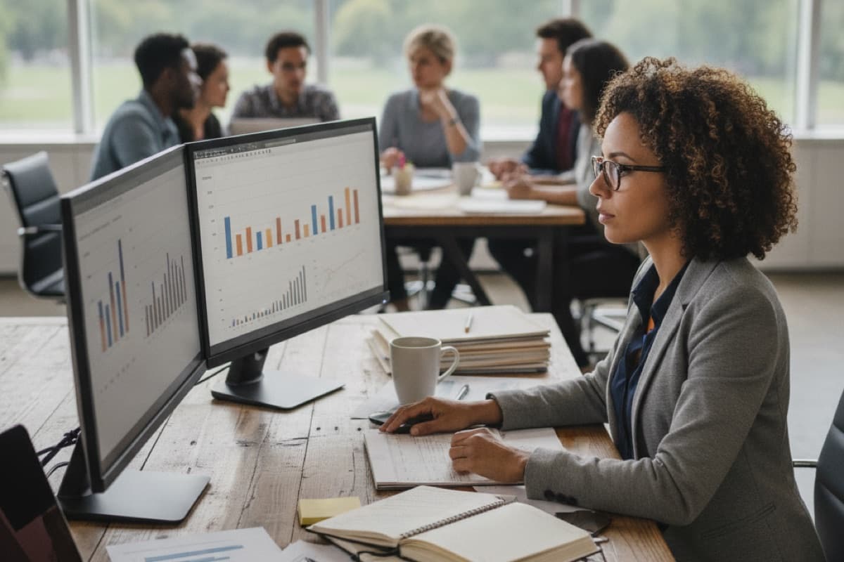 A woman in glasses at a desk with dual monitors showing bar charts