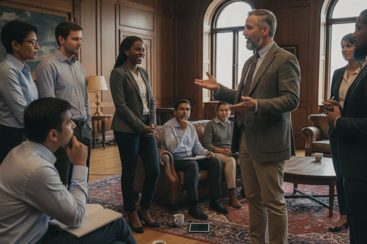 A group gathered in a wood-paneled library, a man in a tweed jacket gesturing while speaking to seated and standing colleagues