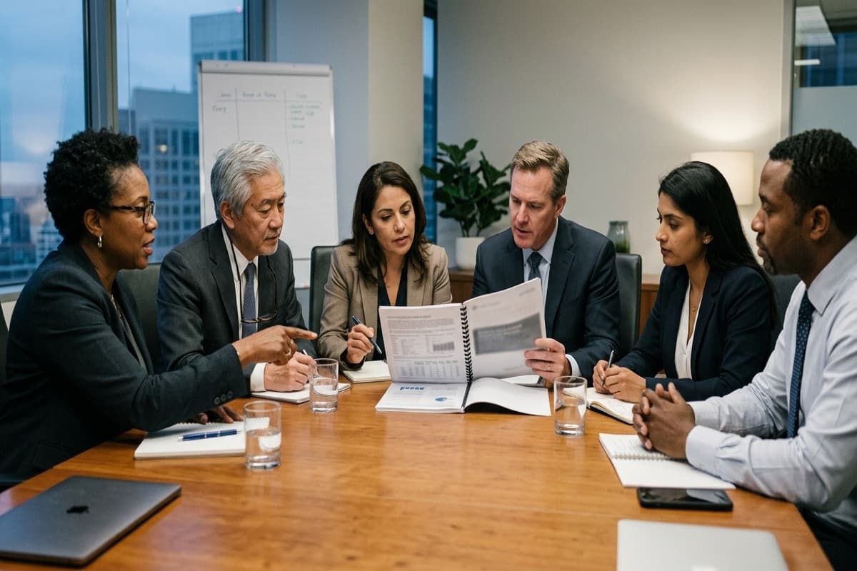Six people around a boardroom table reviewing an open bound report with charts and tables
