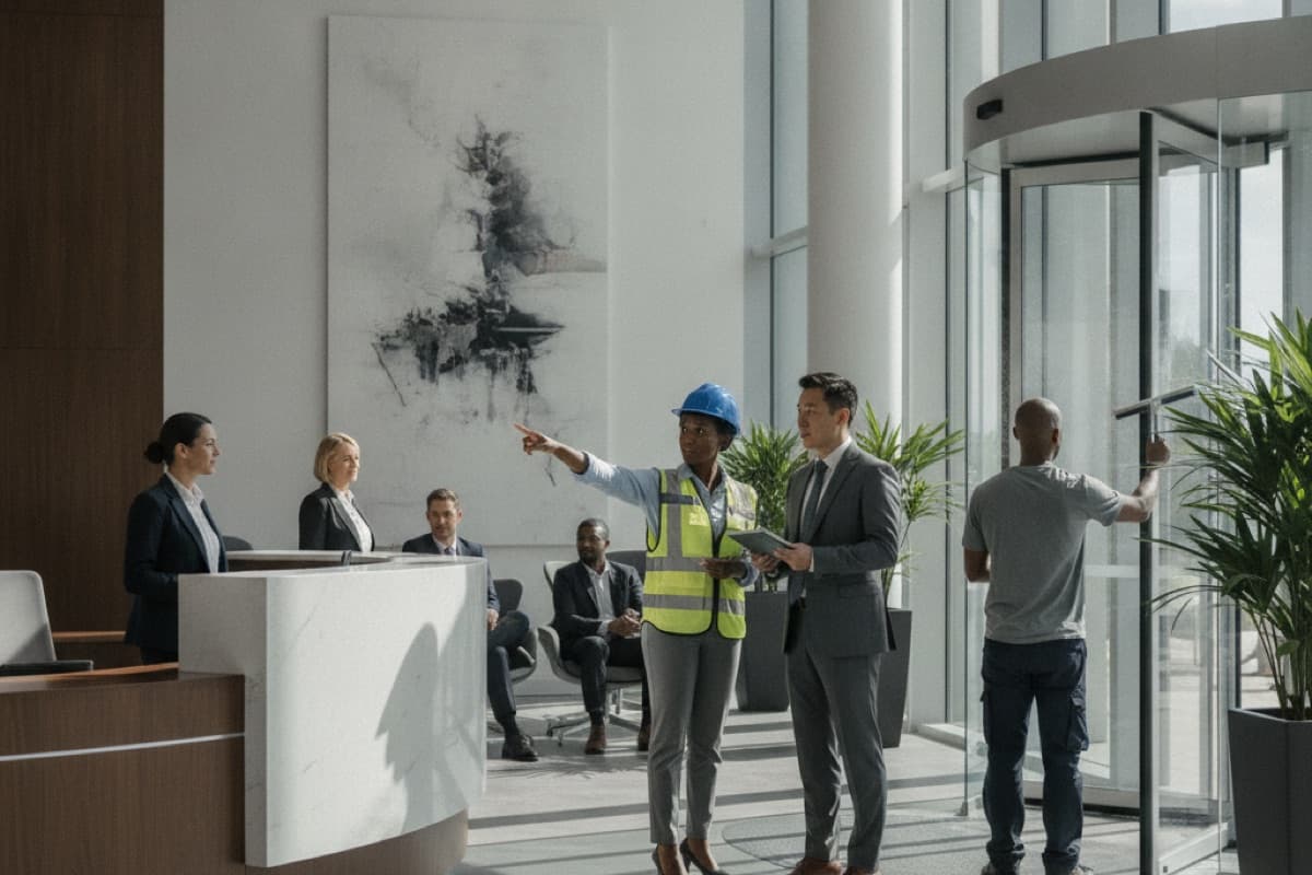 A woman in a hard hat and safety vest pointing out entrance security features to a man in a suit near a revolving glass door, seated visitors in the lobby behind them