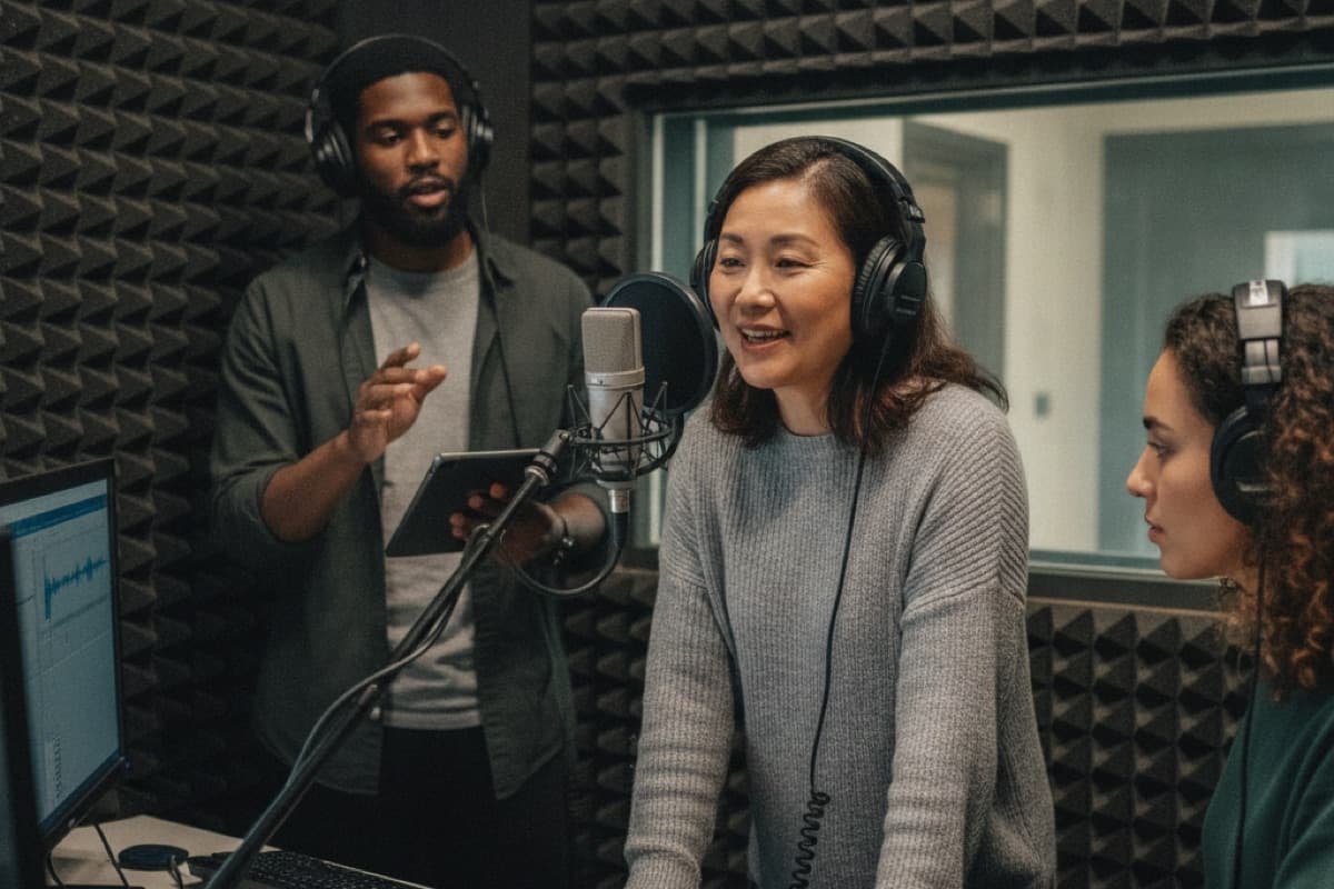 A woman speaking into a microphone in a foam-lined recording booth, with a man gesturing beside her and another woman listening on headphones