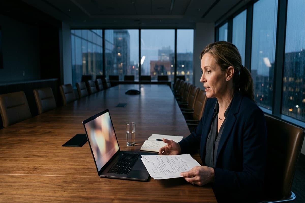 A woman speaking to a laptop webcam at the head of a long, empty conference table at dusk, holding handwritten notes