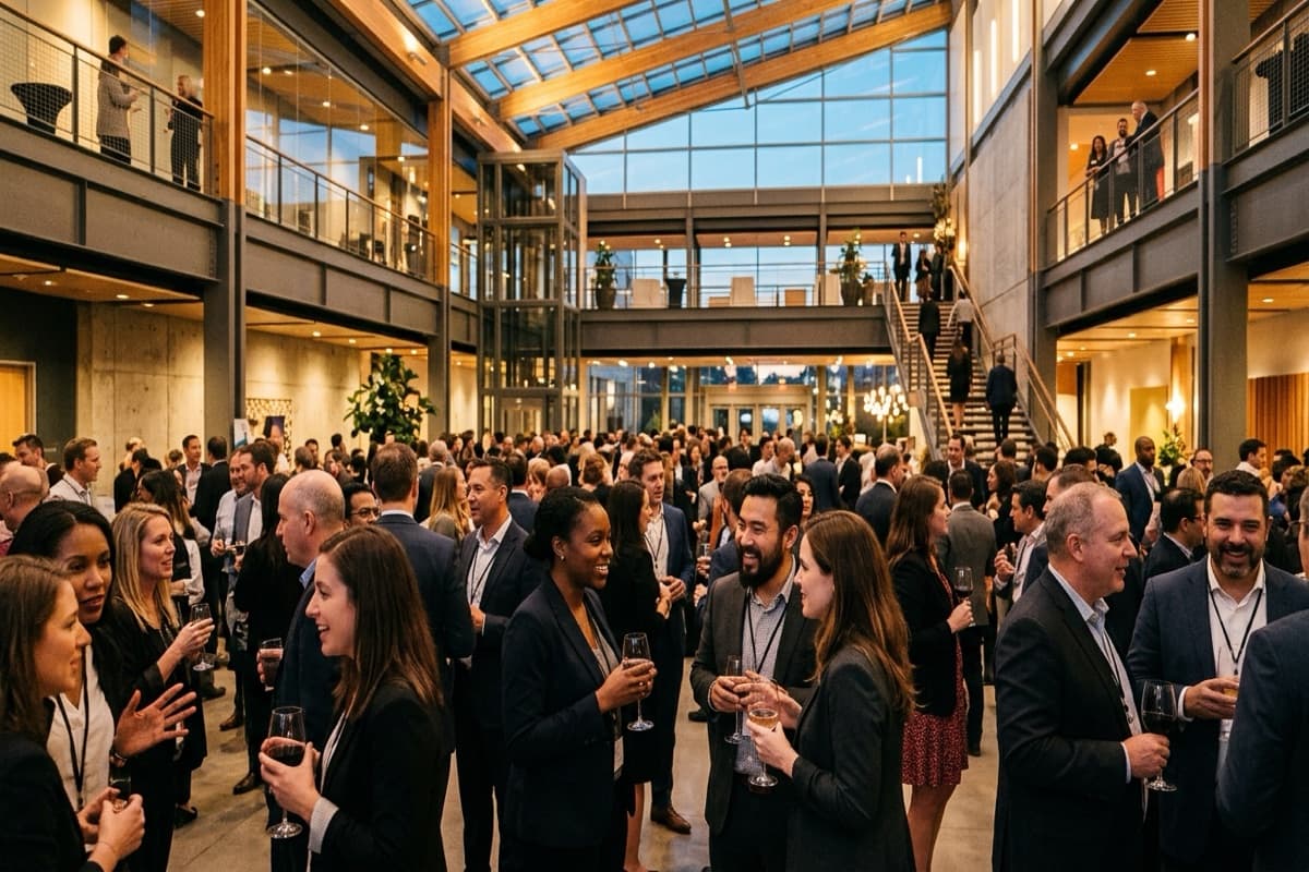 A large crowd mingling with wine glasses in a soaring wood-and-glass atrium with a staircase, lit warmly at dusk