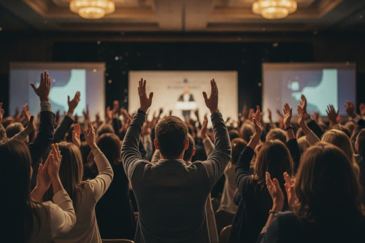 An audience with hands raised applauding in a large general session