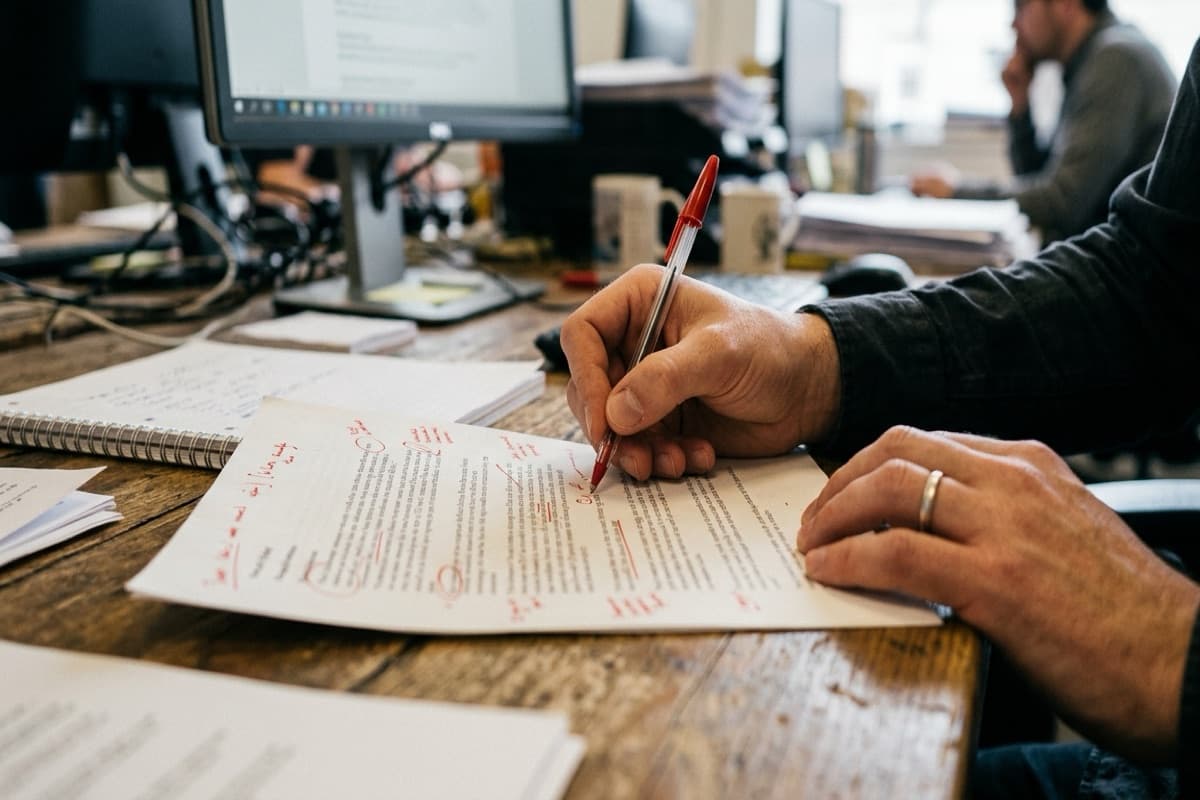 A hand marking up a printed draft document with a red pen at a cluttered desk