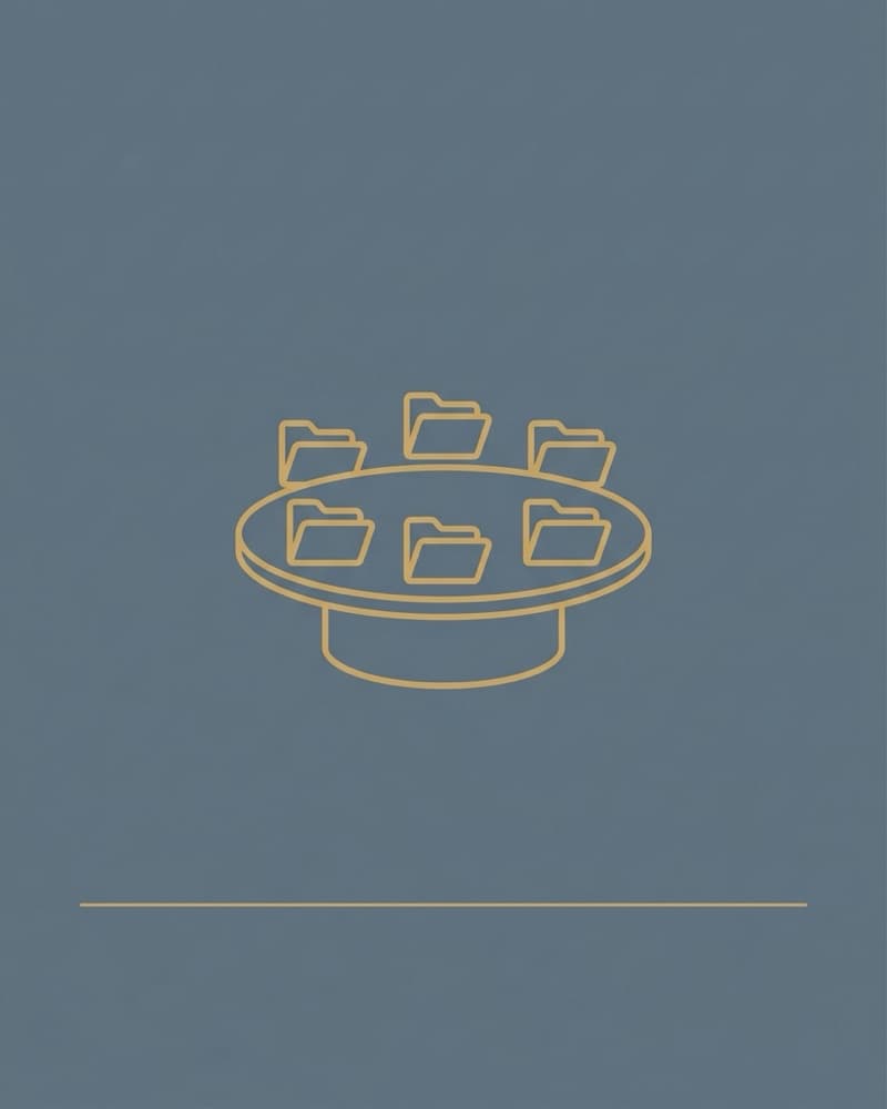 Gold line-icon cover art on a slate-blue background: an oval table with six folders arranged around it