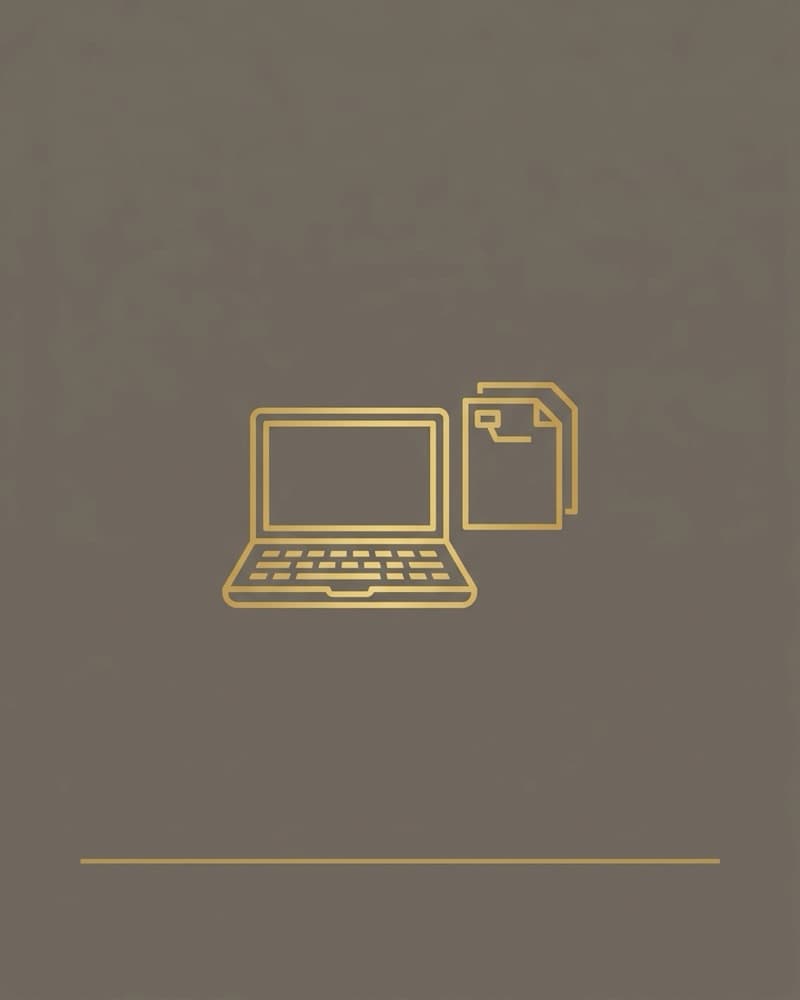 Line-icon cover art in gold on a brown background: an open laptop beside a small stack of file icons