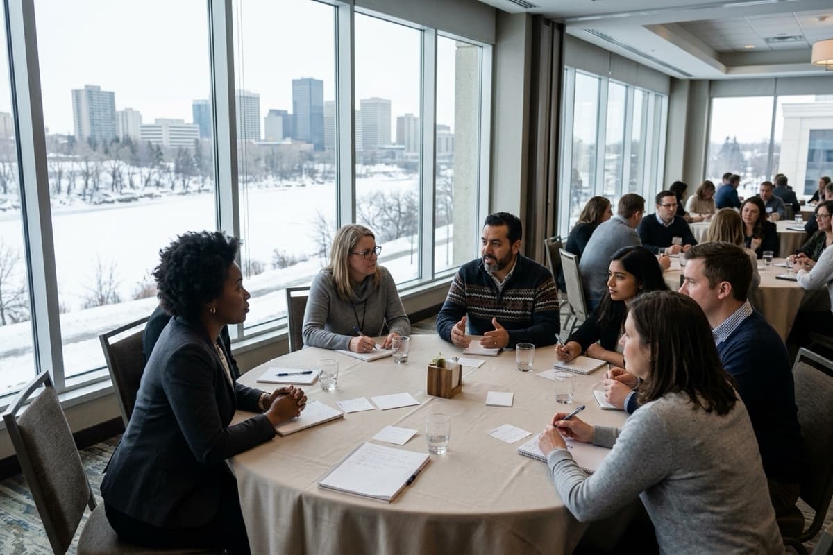 Association executives at round tables in a conference room overlooking the frozen Chicago River