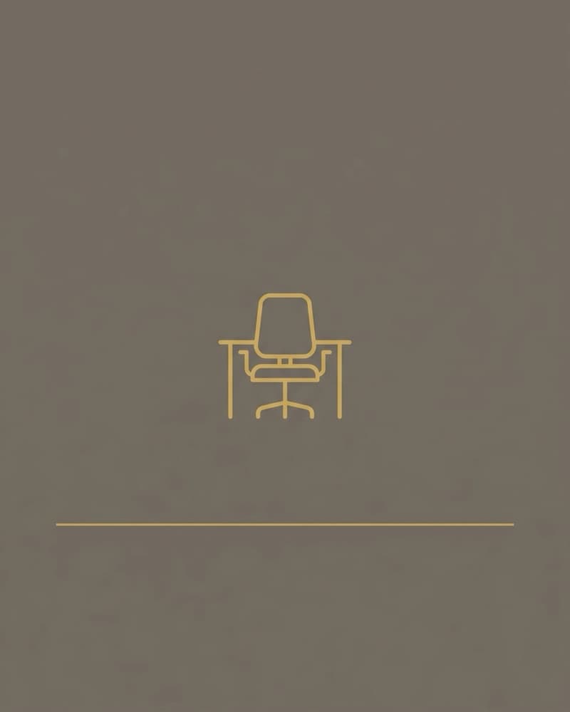 Line-icon cover art in gold on a warm-brown background: an empty office chair pushed in at a desk
