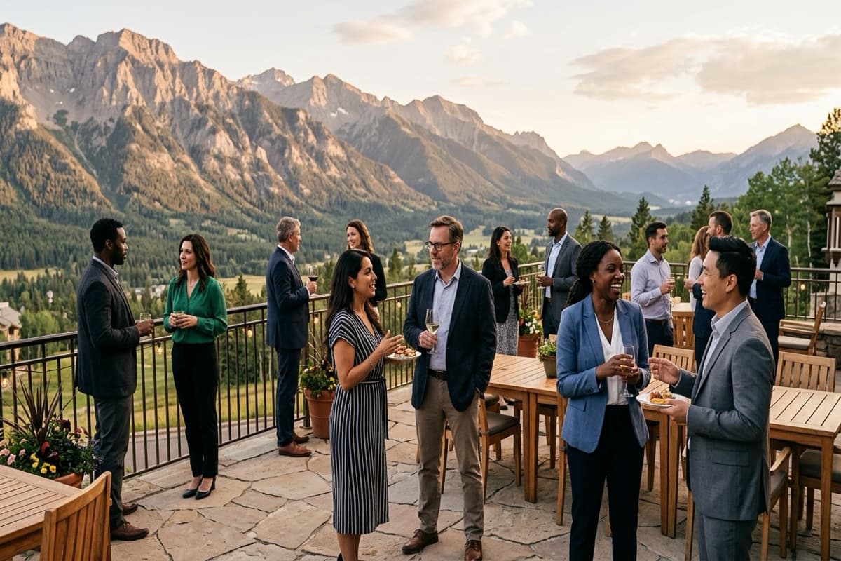 A group mingling with drinks and plates on a stone terrace overlooking a mountain valley at sunset