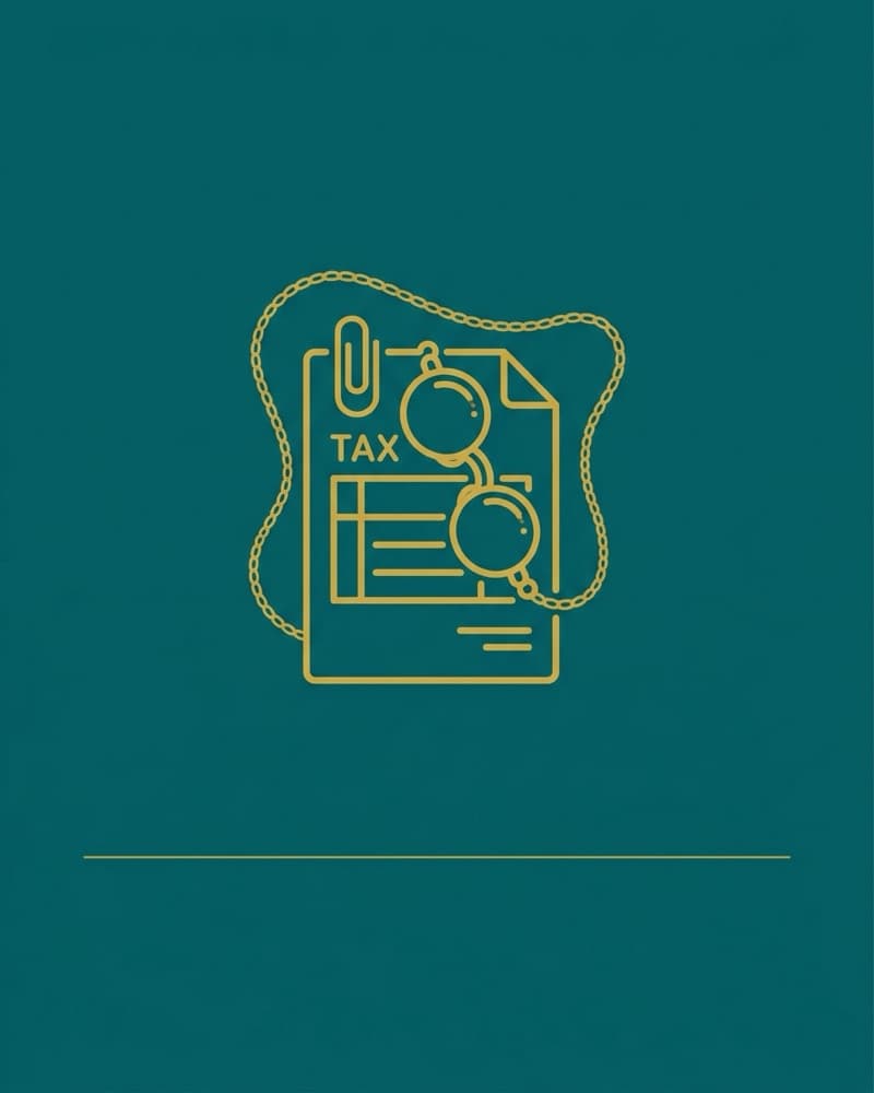 Line-icon cover art in gold on a dark teal background: a tax return page marked TAX with a paperclip and a magnifying glass, encircled by a loosely drawn chain