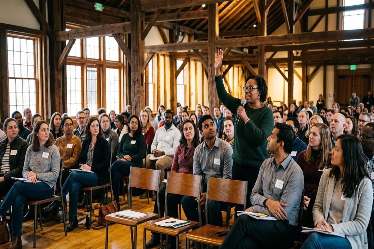 A large seated audience in a timber-framed hall, with one woman standing and raising her hand while speaking into a microphone