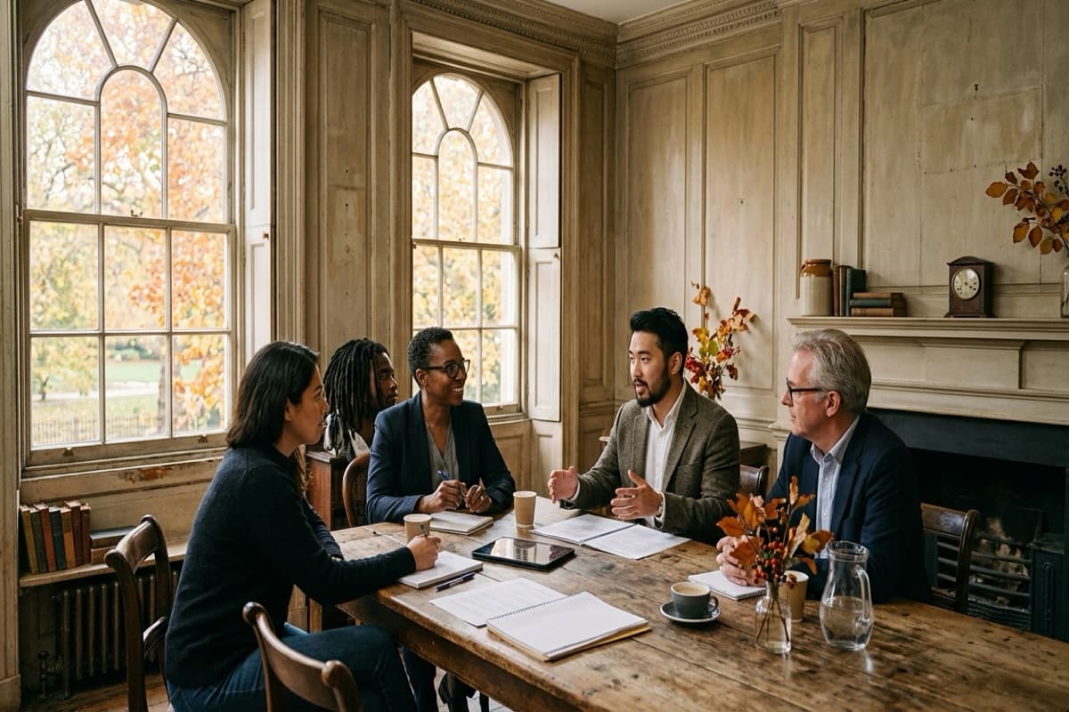 Five people talking around a wooden table in a paneled historic room with tall arched windows and autumn trees outside