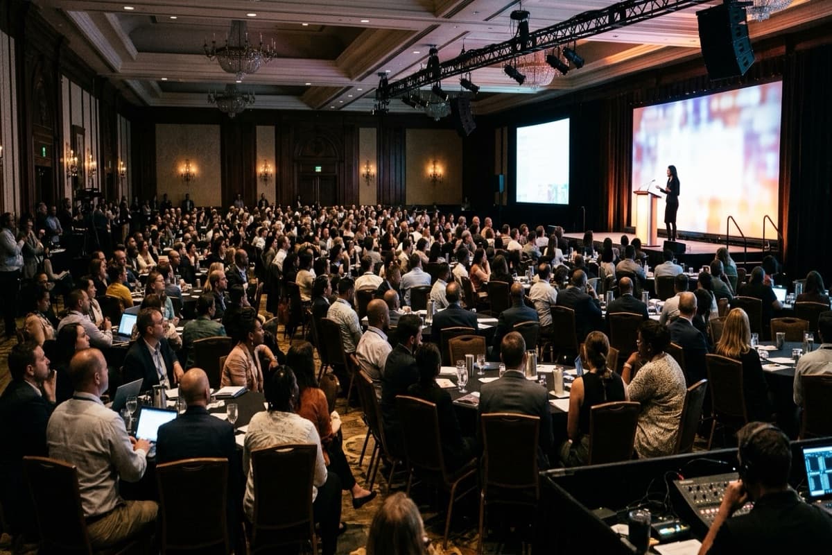 A packed hotel ballroom viewed from the back