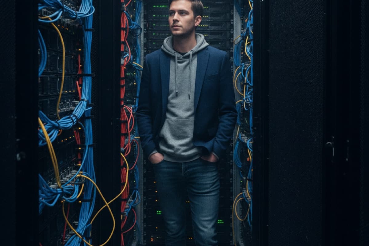 A young man in a hoodie under a blazer standing between server racks strung with blue, red, and yellow cables