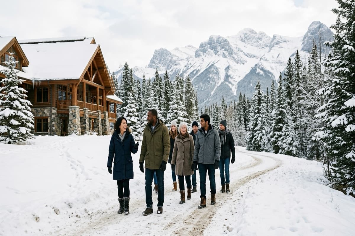 Six people in winter coats walking a snowy path outside a timber-and-stone mountain lodge, snow-capped peaks behind