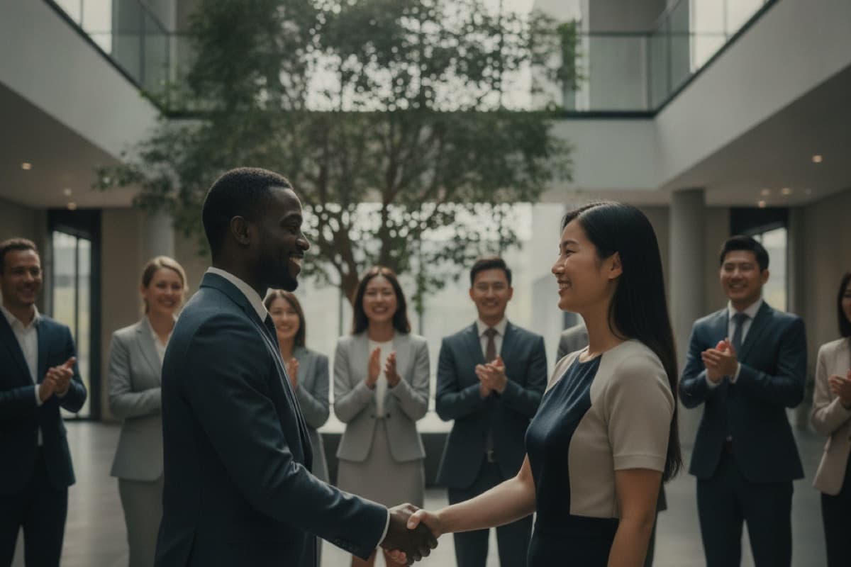 A man and a woman shaking hands and smiling in a bright office atrium with a potted tree, colleagues applauding around them