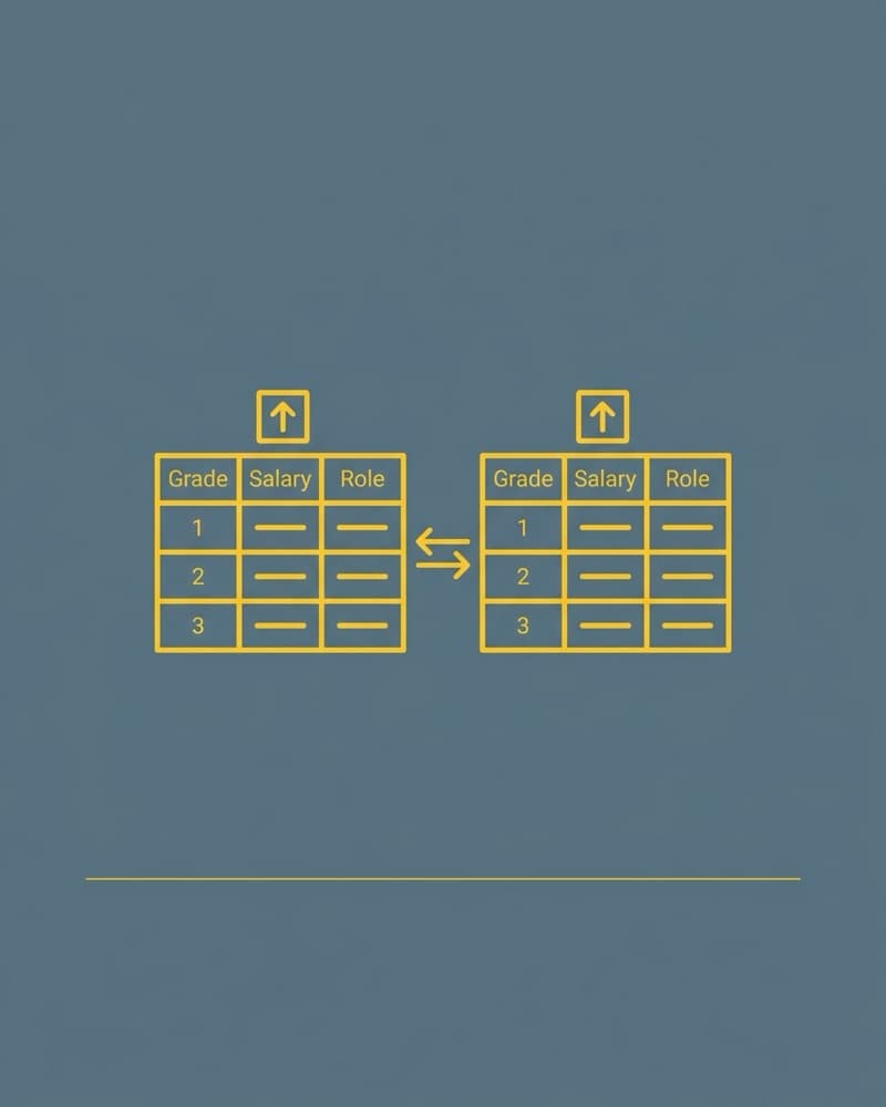 Line-icon cover art in gold on a slate-blue background: two matching salary-grade tables with an exchange arrow between them