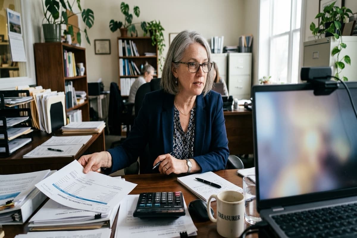 A woman with a mug labeled Treasurer speaking on a video call, with a calculator and printed financial summaries on her desk