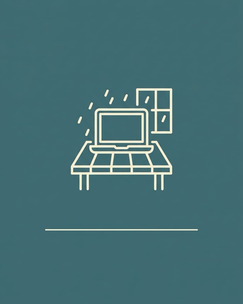 Line-icon cover art in cream on a teal background: a laptop on a desk beneath a rain-streaked window
