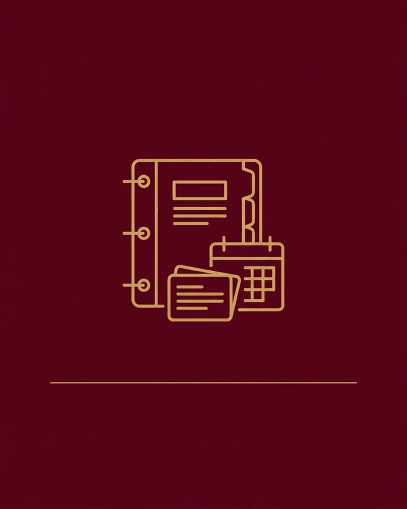 Line-icon cover art in gold on a dark maroon background: a study binder, flashcards, and a wall calendar