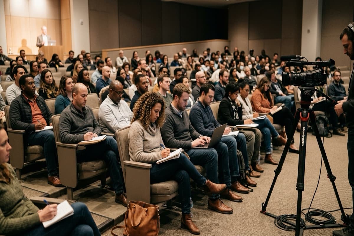 A full tiered auditorium audience taking notes and typing, with a video camera on a tripod in the aisle and a speaker at a distant podium