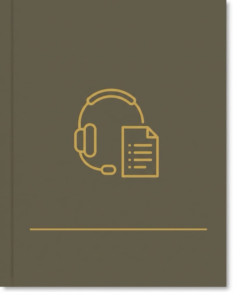 Line-icon cover art in gold on an olive-brown background: a headset beside a printed call-list page
