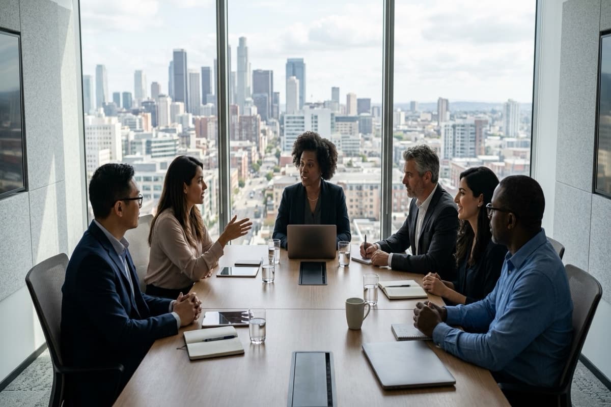 Six colleagues around a conference table in a high-rise office with a city skyline visible through floor-to-ceiling windows