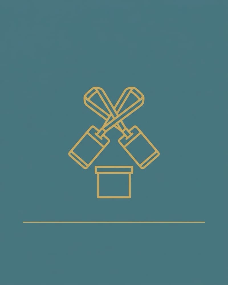Line-icon cover art in gold on a teal background: two crossed conference lanyards above a badge box