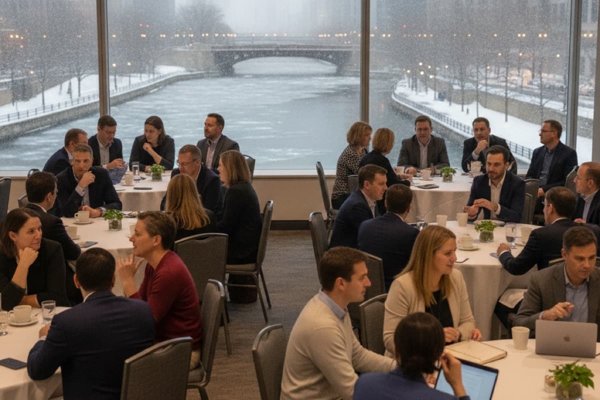 Two dozen colleagues talking at linened round tables in a conference room overlooking a snow-covered river and bridge