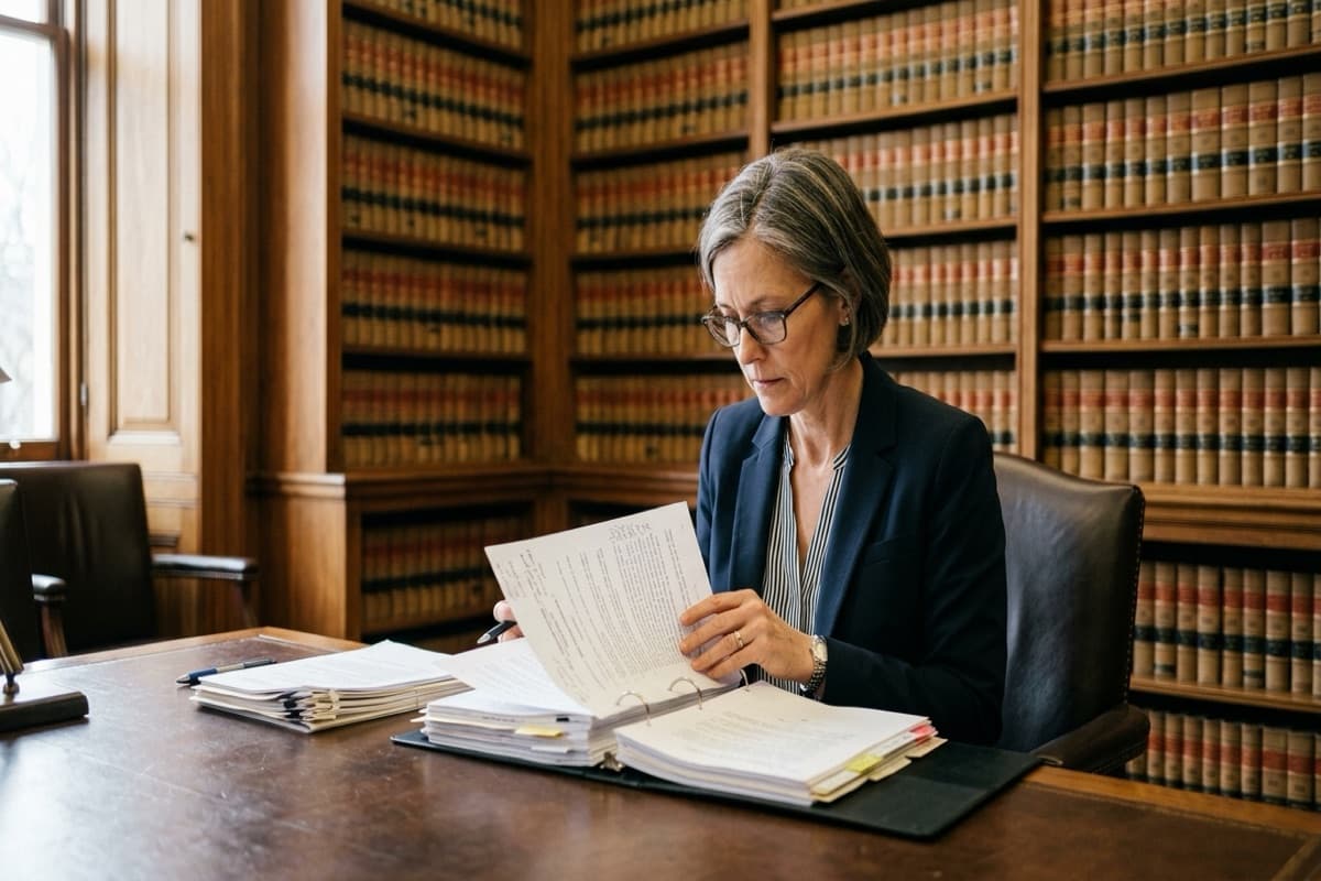 A woman in a blazer reviewing a bound document at a desk in an office lined floor to ceiling with law books