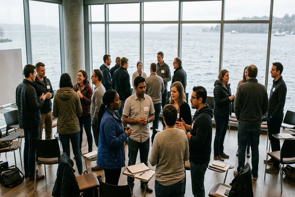 Attendees talking in small circles in a waterfront meeting room with floor-to-ceiling windows overlooking grey water and distant hills
