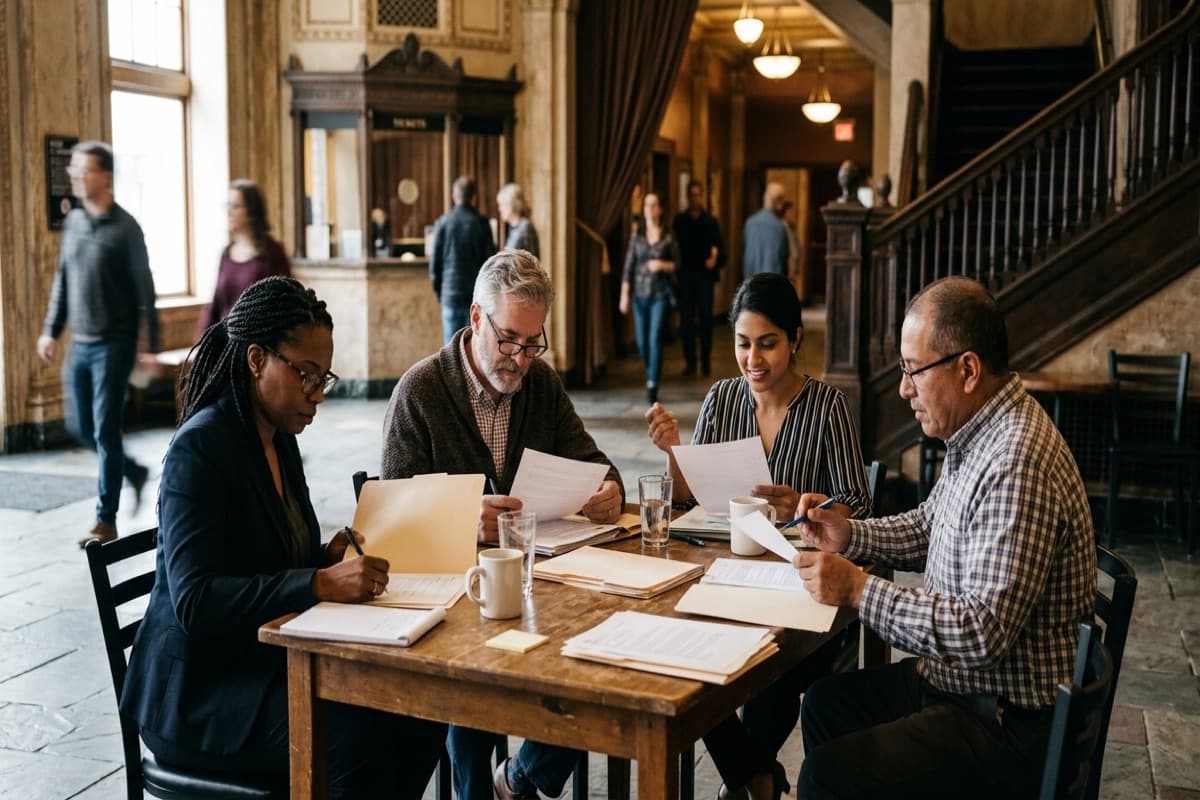 Four people seated around a wooden table in an ornate historic building lobby