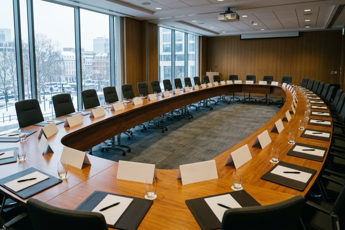 An empty oval boardroom set with blank name placards and notepads at every seat, snow-covered city street visible through floor-to-ceiling windows