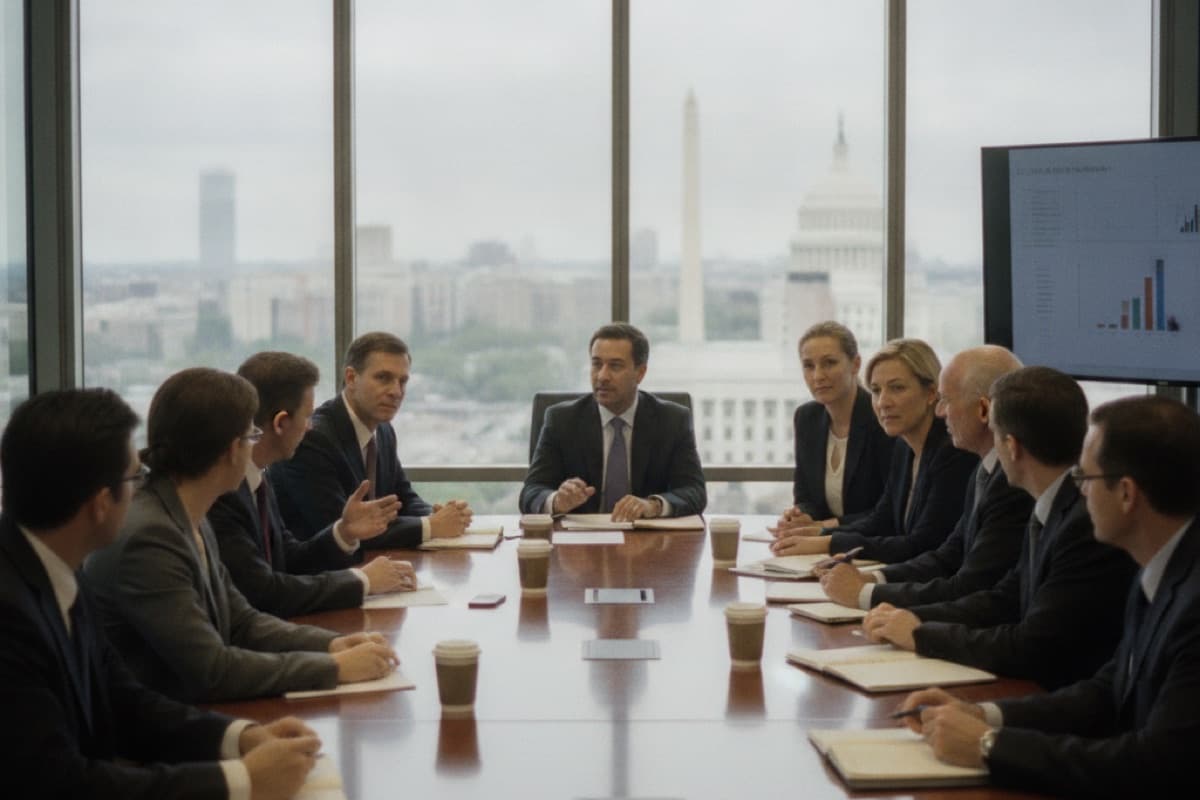 A board meeting around a long table in a glass-walled conference room