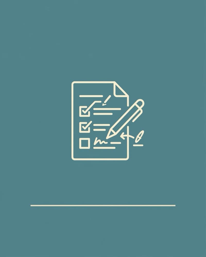 Line-icon cover art in cream on a teal background: a checklist page being signed with a pen
